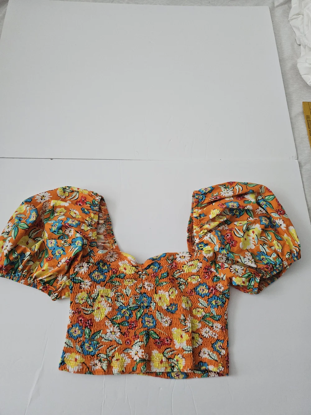 Zara Floral Crop Top  Smocked On or Off Shoulder Orange Multi Boho Western Sz L - Picture 6 of 12